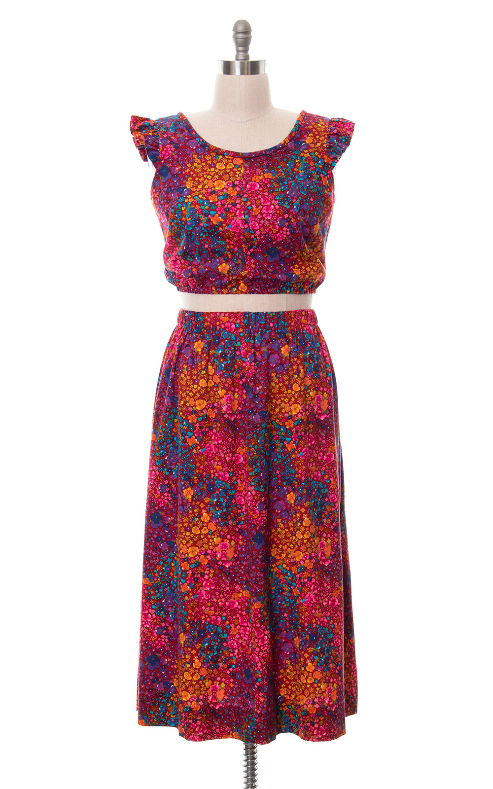 1960s 1970s Floral Barkcloth Top & Skirt Set | small/medium/large