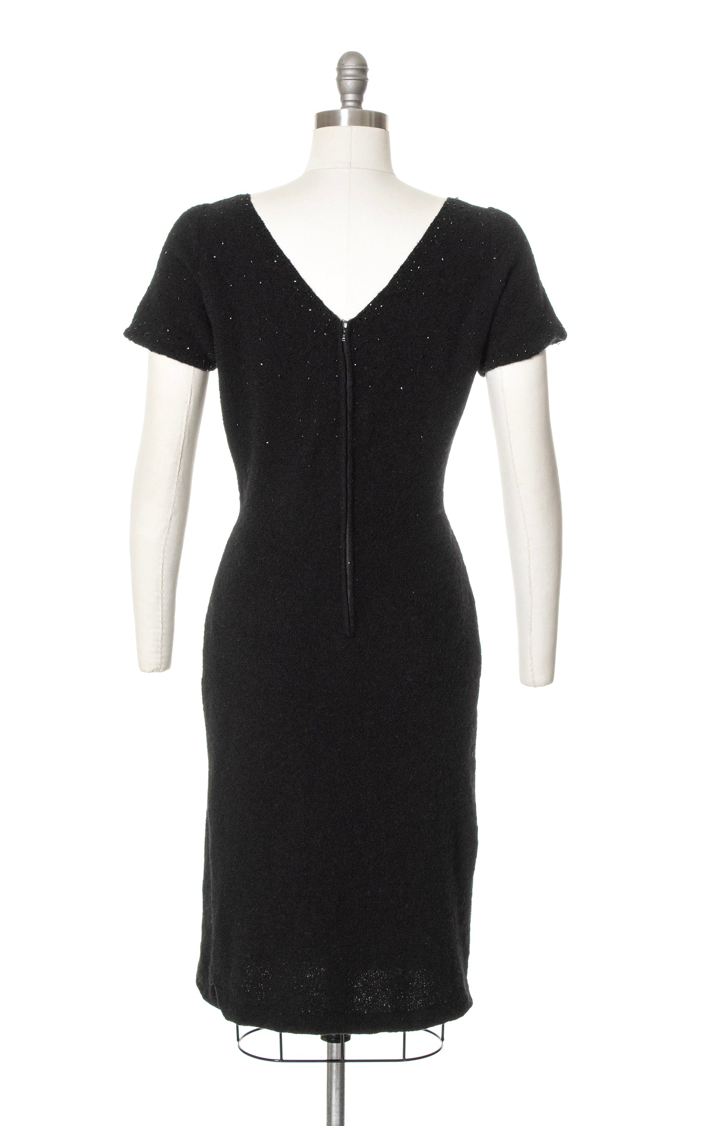 1950s Leaf Beaded Knit Black Wool Sweater Dress | small/medium/large
