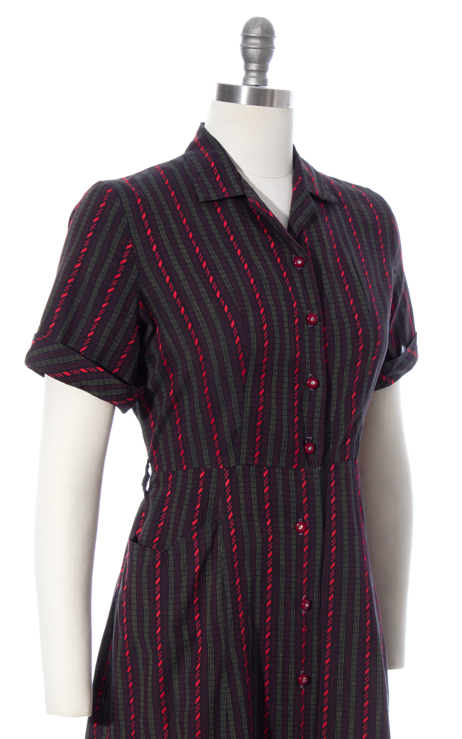 Vintage 50s 1950s Striped Cotton Black Red Shirtwaist Dress with Pocket BirthdayLifeVintage