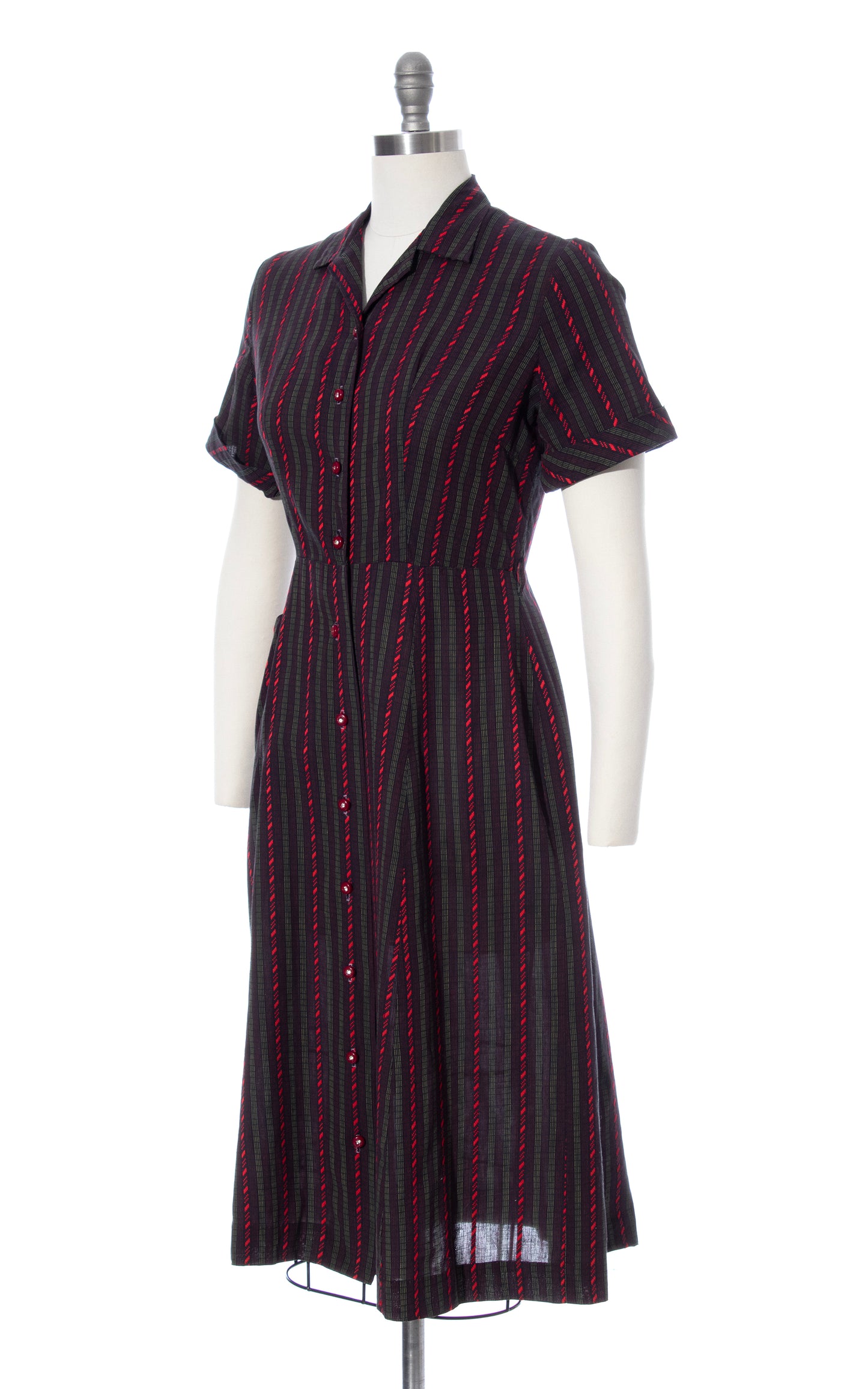 Vintage 50s 1950s Striped Cotton Black Red Shirtwaist Dress with Pocket BirthdayLifeVintage