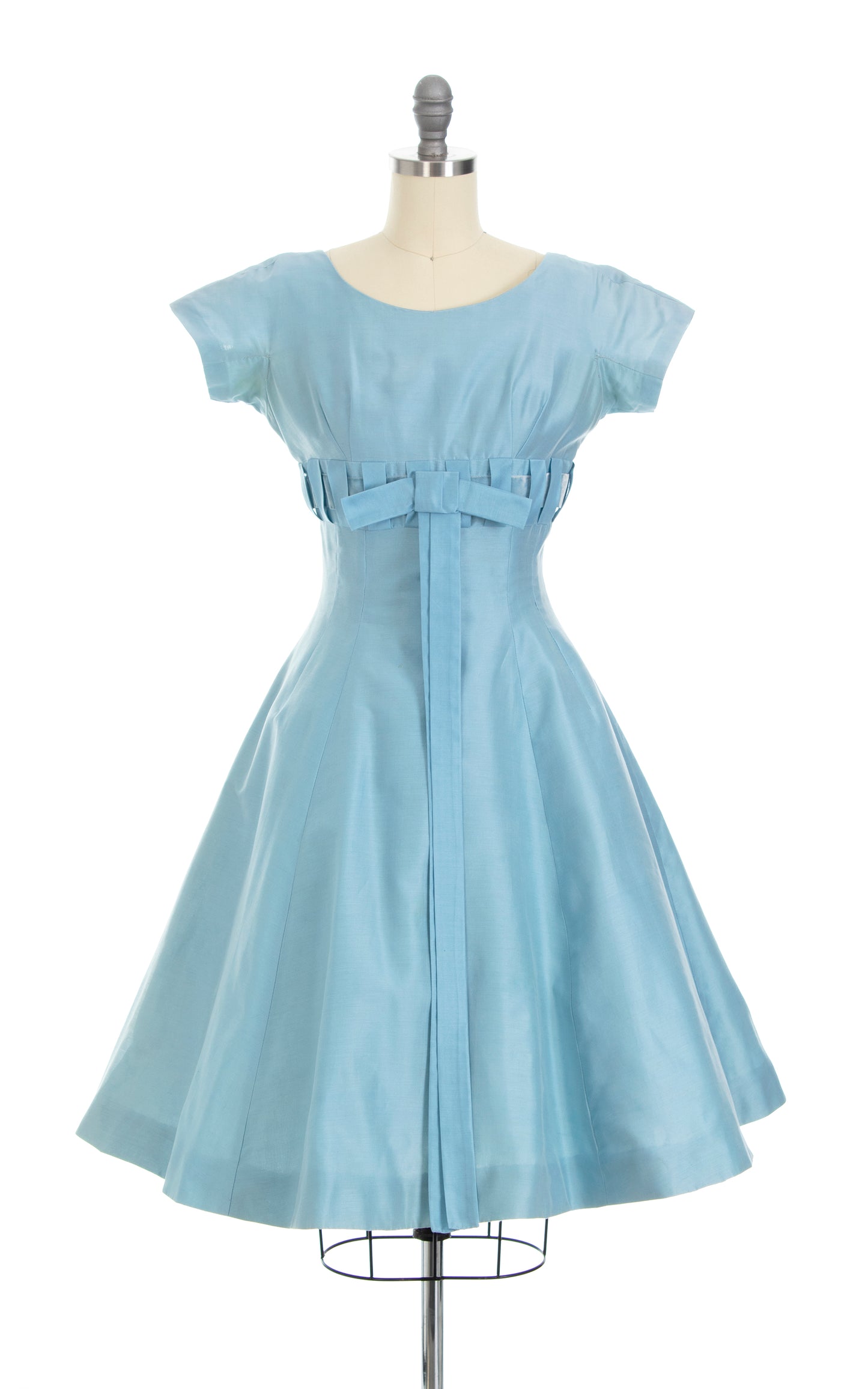 Vintage 1950s 50s Baby Blue Velvet Ribbon Bow Fit and Flare Party Dress Birthday Life Vintage