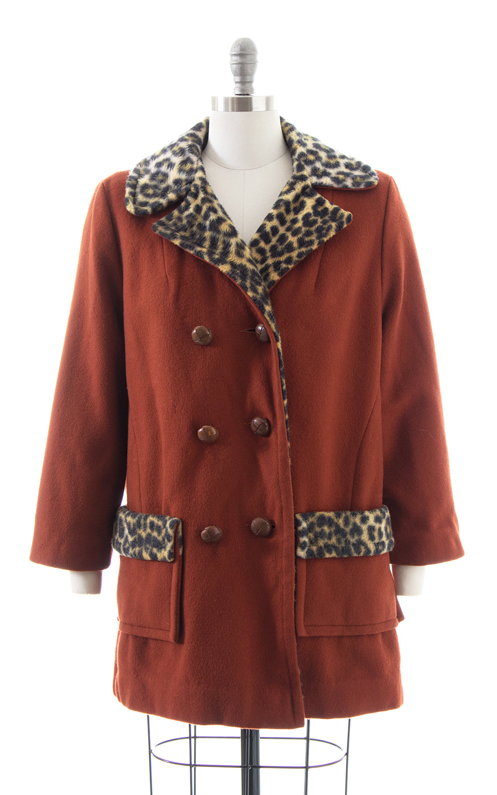 1960s 1970s Leopard Print Lined Burnt Rust Wool Pea Coat