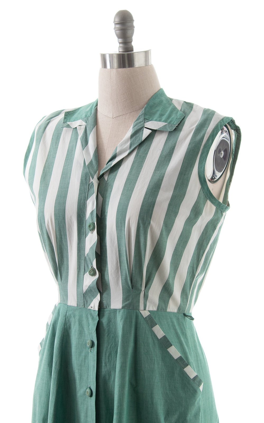 1950s Green Striped Shirt Dress with Pockets | medium