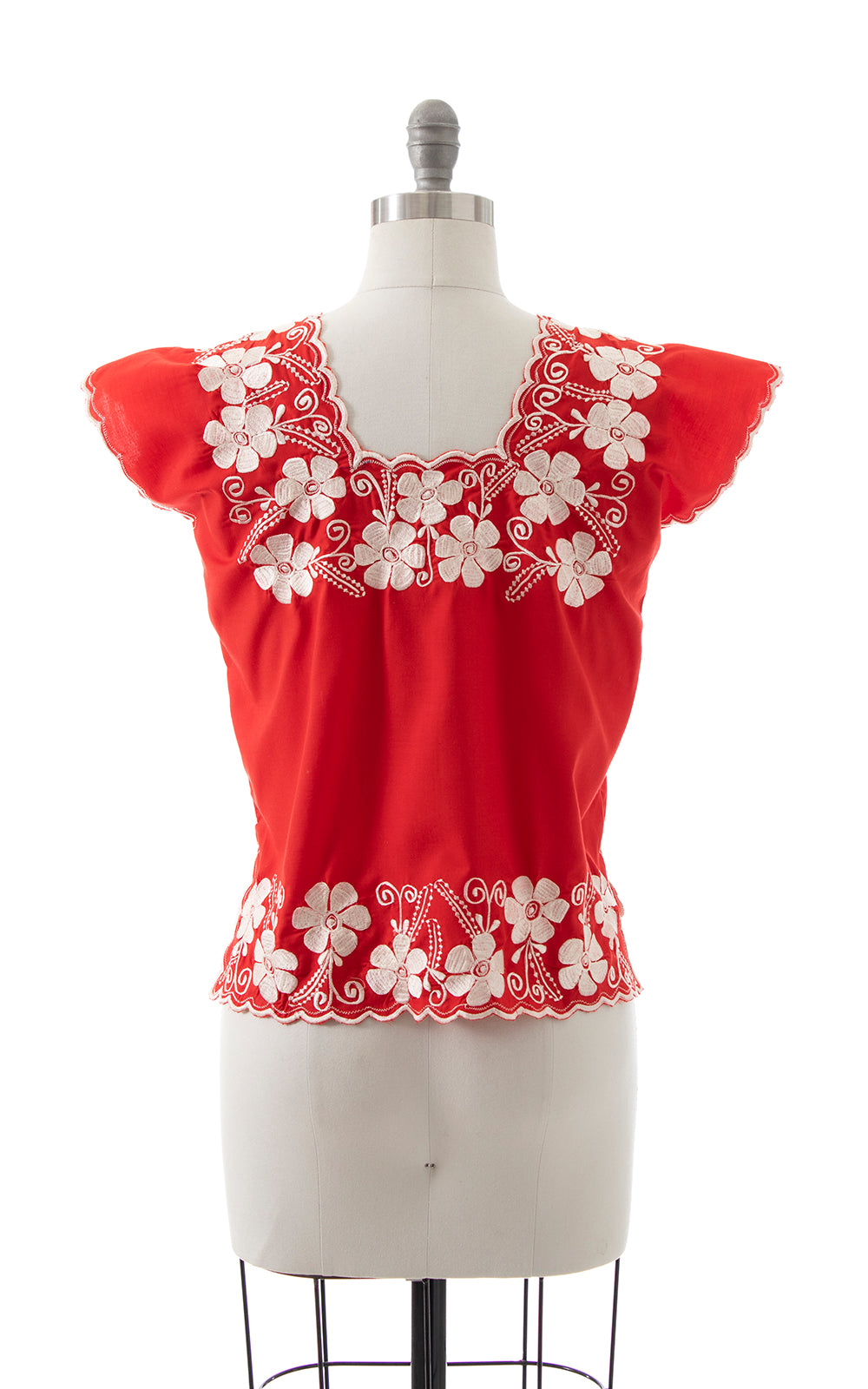 1980s Floral Embroidered Red Top | small/medium