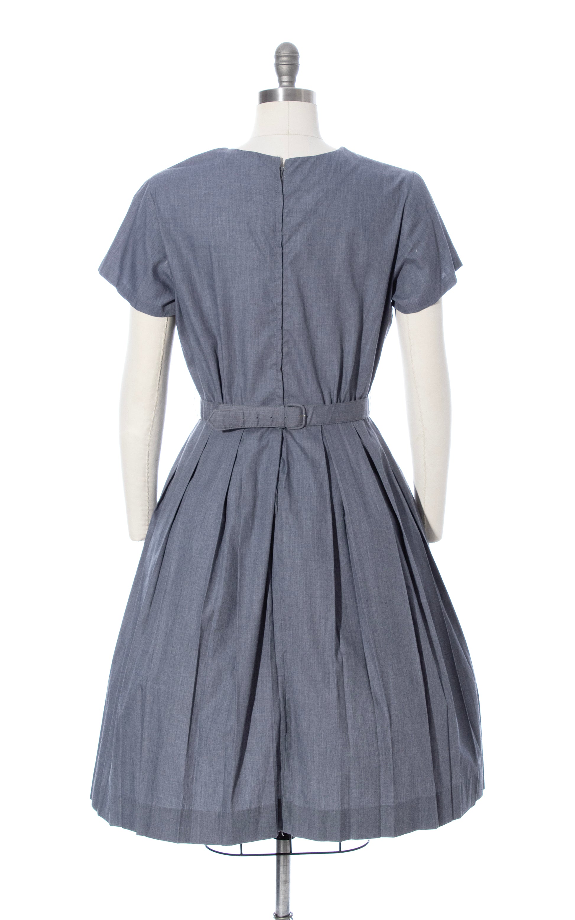 Vintage 1950s 50s Grey Fit and Flare Cotton Day Dress with Bow Belt BirthdayLifeVintage