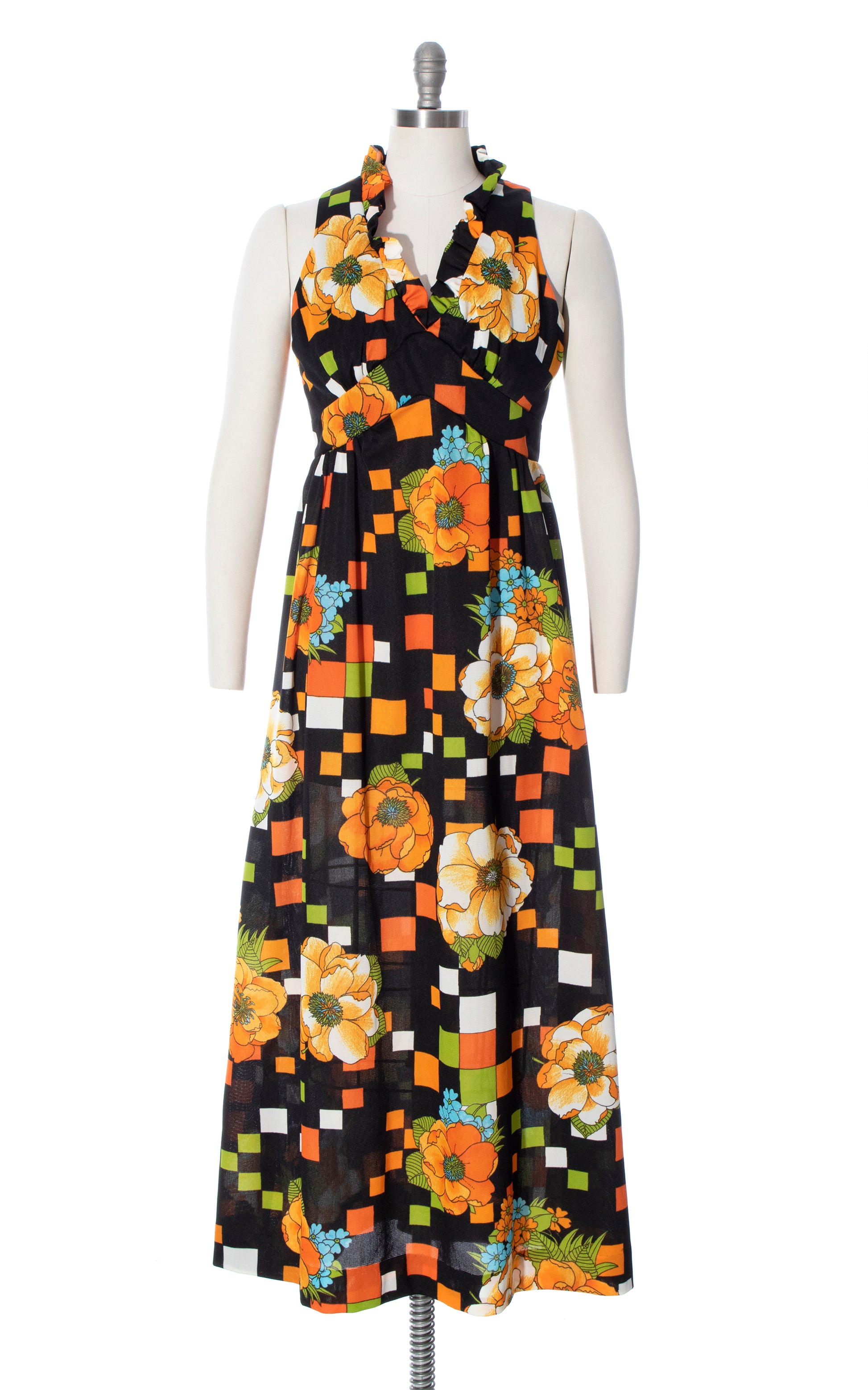 1970s Poppies & Squares Printed Maxi Dress | Small/Medium 1970s Poppies & Squares Printed Maxi Dress | Small/Medium