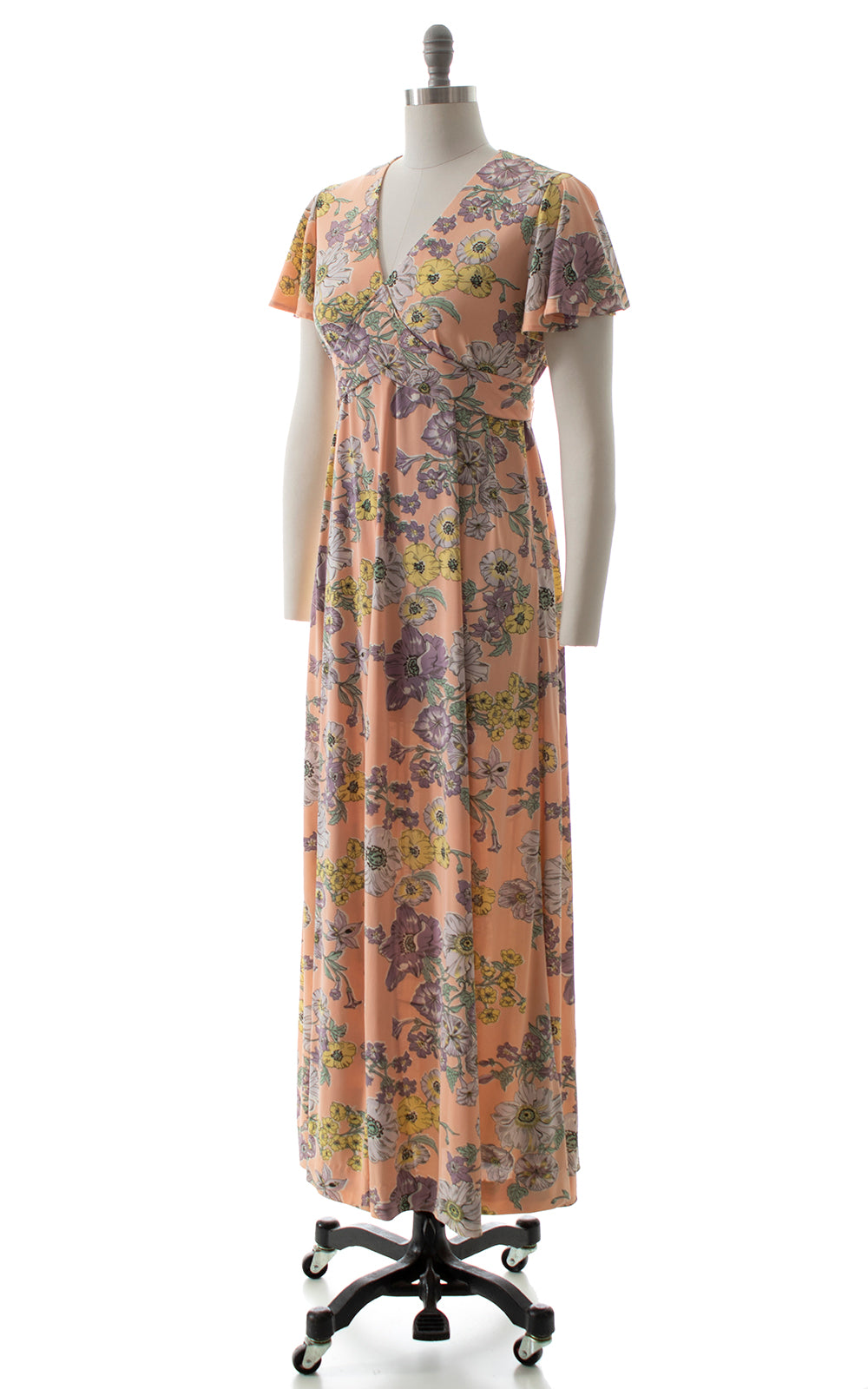 1970s Flutter Sleeve Floral Maxi Dress BirthdayLifeVintage