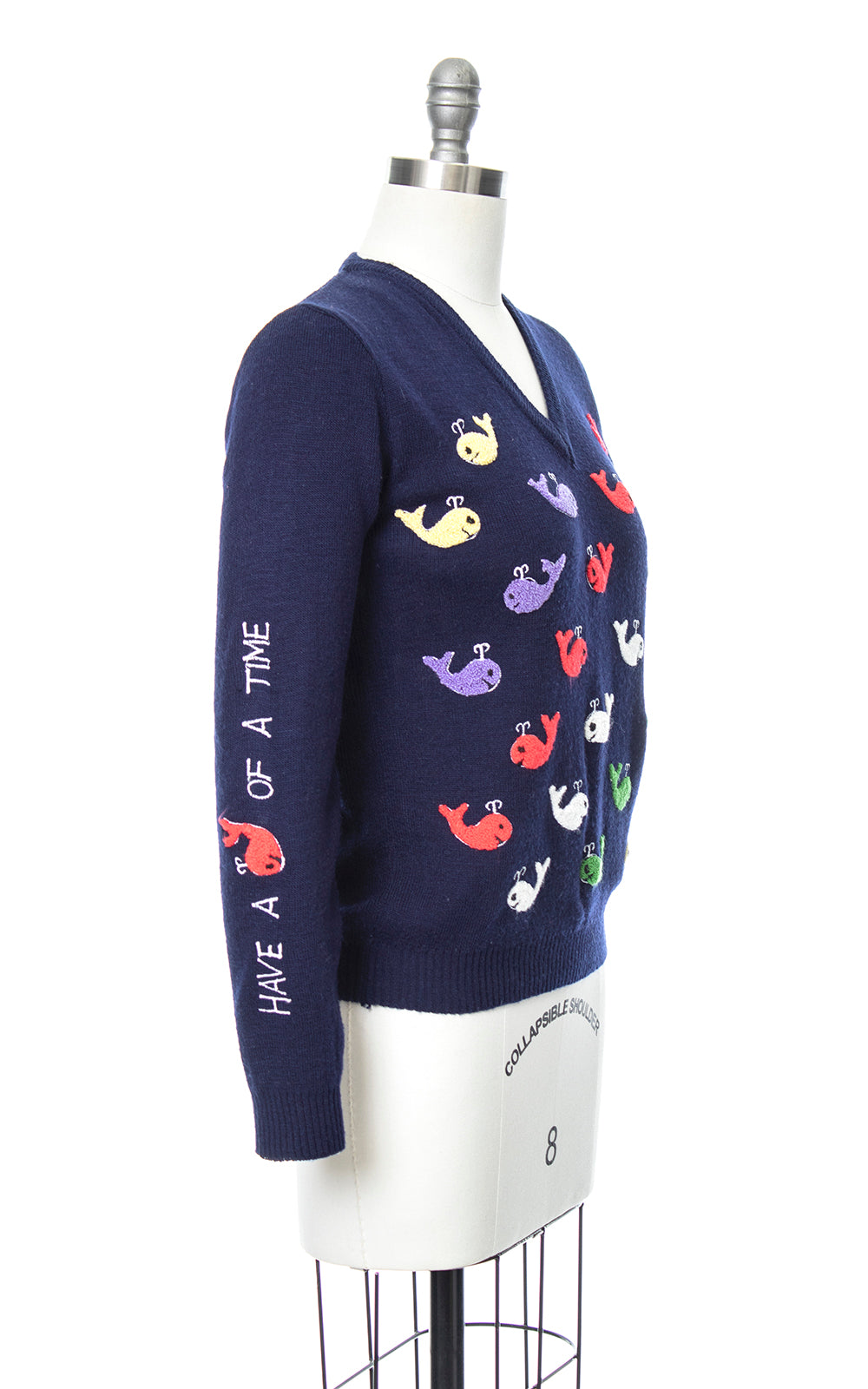 Vintage 1970s "Have a Whale of a Time" Novelty Knit Navy Blue Sweater small medium Birthday Life Vintage