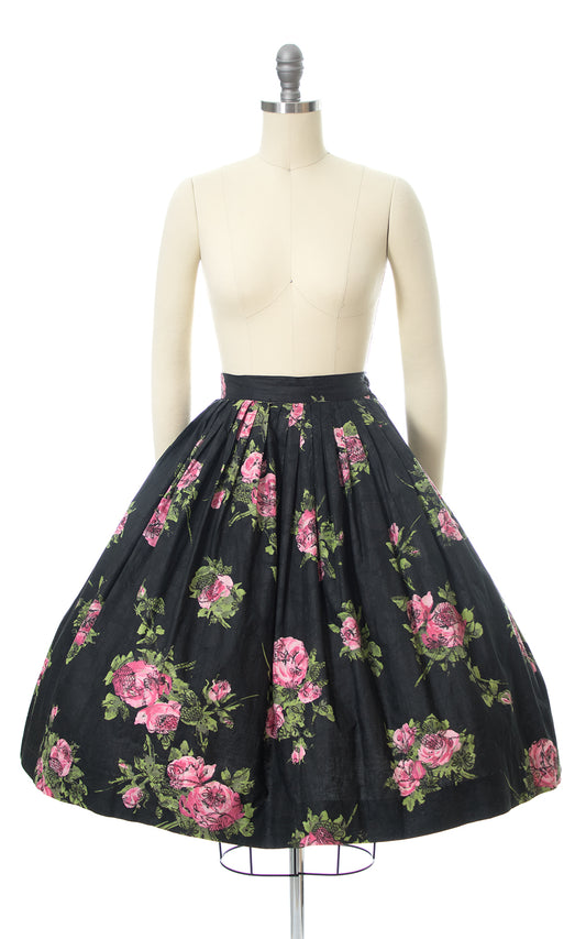 1950s Pink Rose Print Cotton Skirt