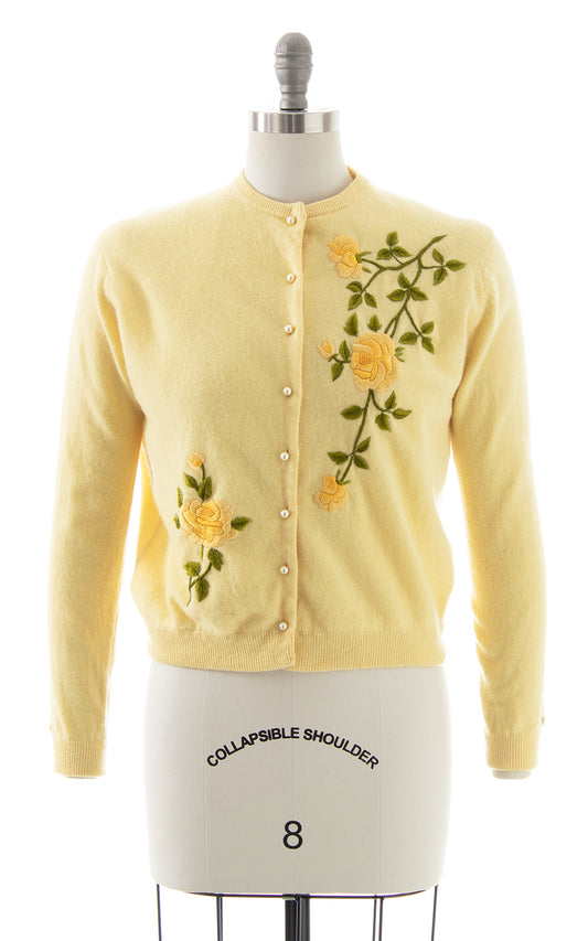 1950s Rose Embroidered Knit Wool Angora Cardigan | medium/large