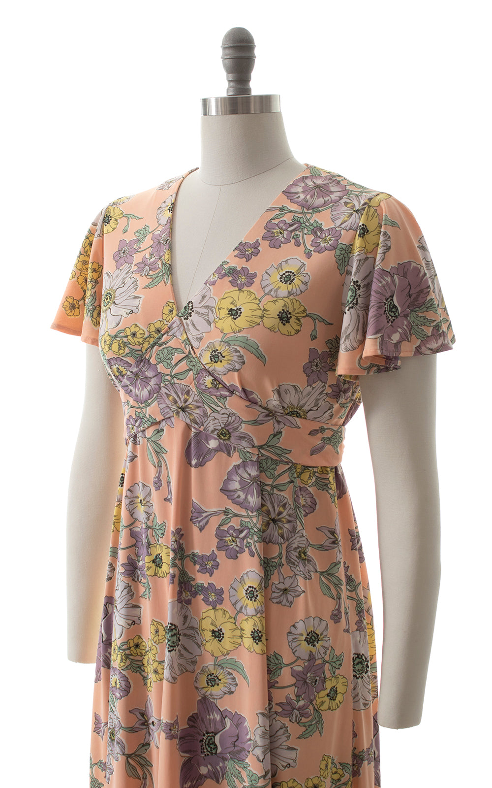 1970s Flutter Sleeve Floral Maxi Dress BirthdayLifeVintage