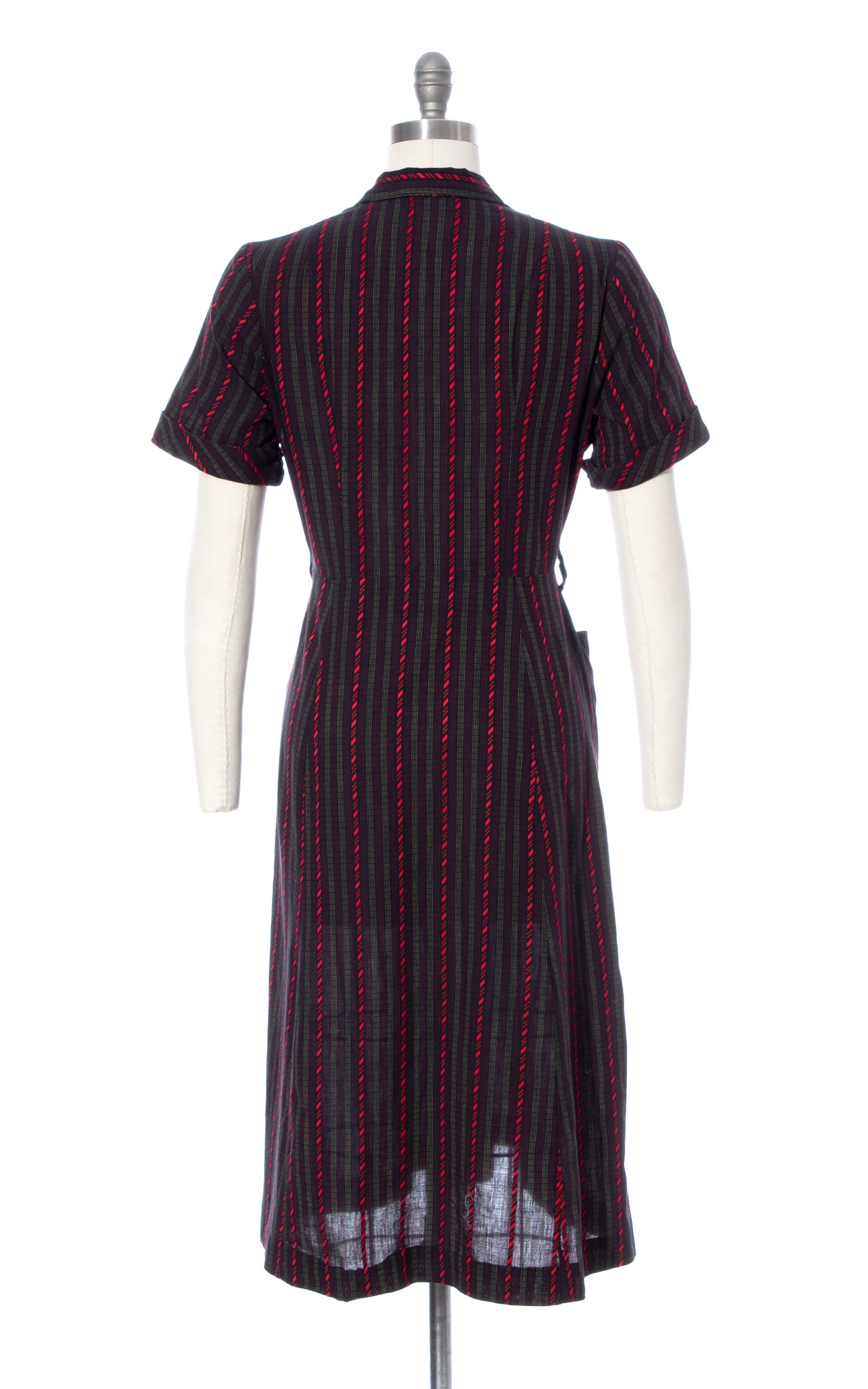 Vintage 50s 1950s Striped Cotton Black Red Shirtwaist Dress with Pocket BirthdayLifeVintage