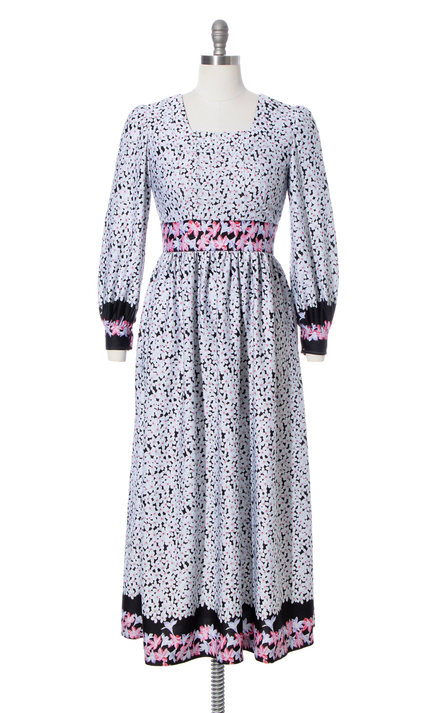 Vintage 70s 1970s Floral Border Print White Long Sleeve Maxi Dress BirthdayLifeVintage