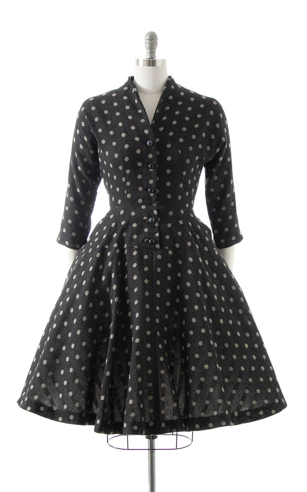 1950s Polka Dot Wool Shirt Dress with Pockets | small/medium