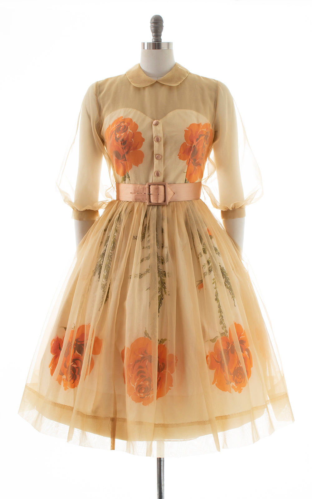 1950s Rose Border Print Cotton & Chiffon Dress | small