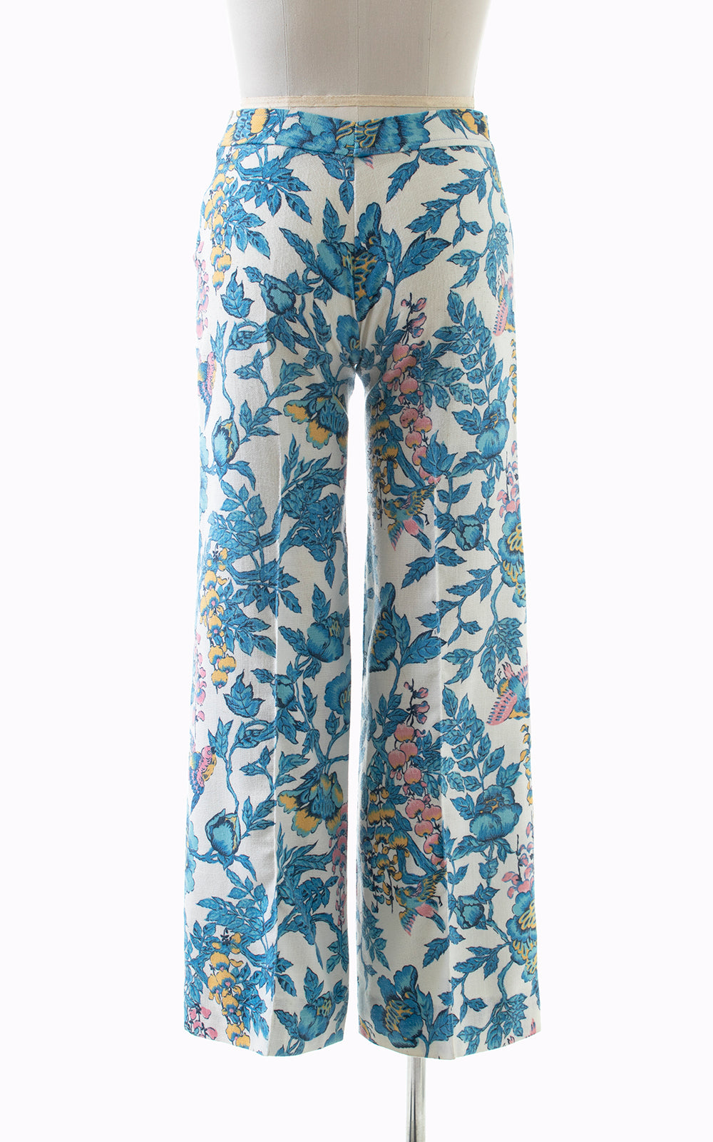 1960s 1970s Bird Floral Print Wide Leg Pants | x-small