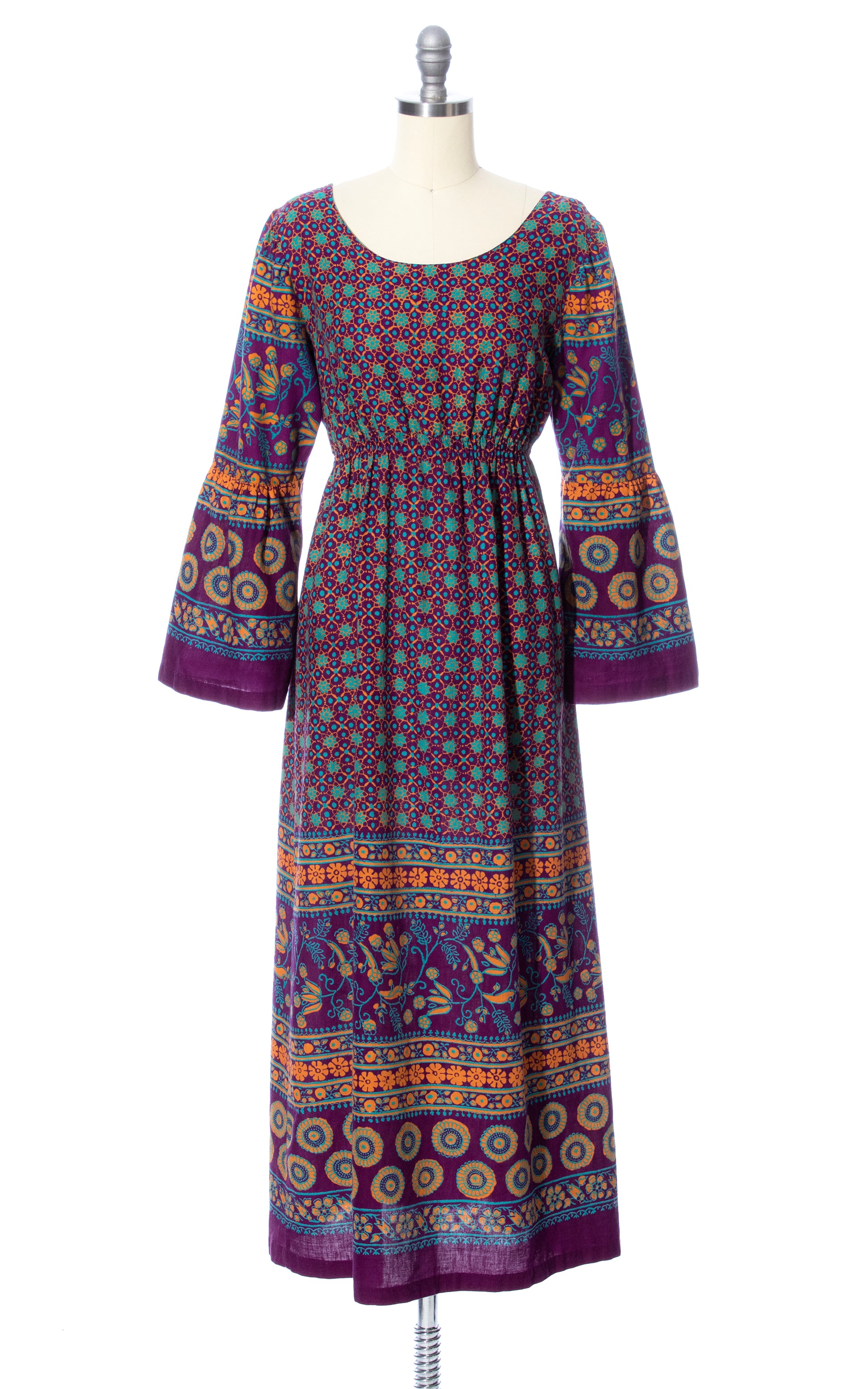 1970s Floral Striped Bell Sleeve Maxi Dress | x-small/small Birthday Life Vintage 1970s Floral Striped Bell Sleeve Maxi Dress | x-small/small Birthday Life Vintage