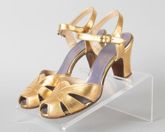 1930s 1940s Metallic Gold Cage Peep Toe Heels | size 5