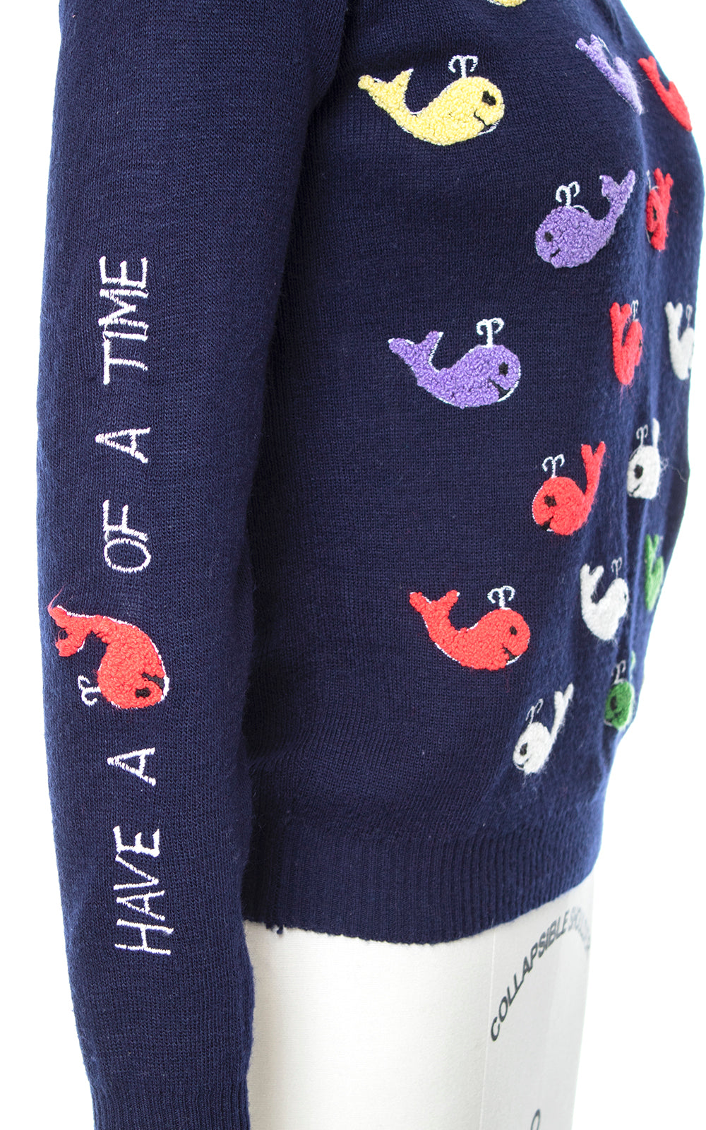 Vintage 1970s "Have a Whale of a Time" Novelty Knit Navy Blue Sweater small medium Birthday Life Vintage