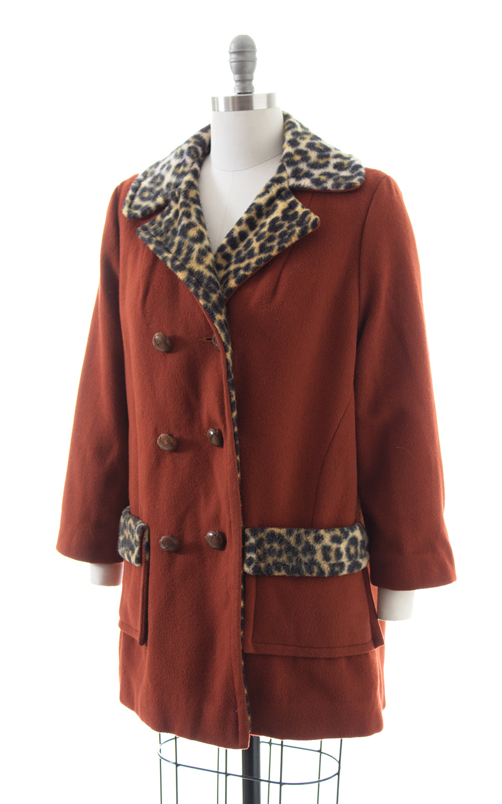 1960s 1970s Leopard Print Lined Burnt Rust Wool Pea Coat