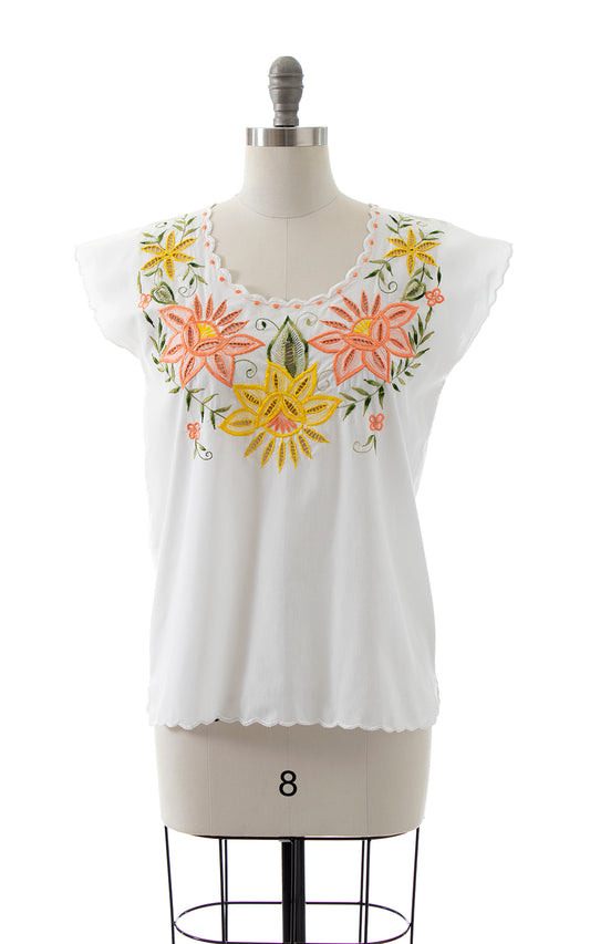 1980s Floral Embroidered Cutwork Top | medium