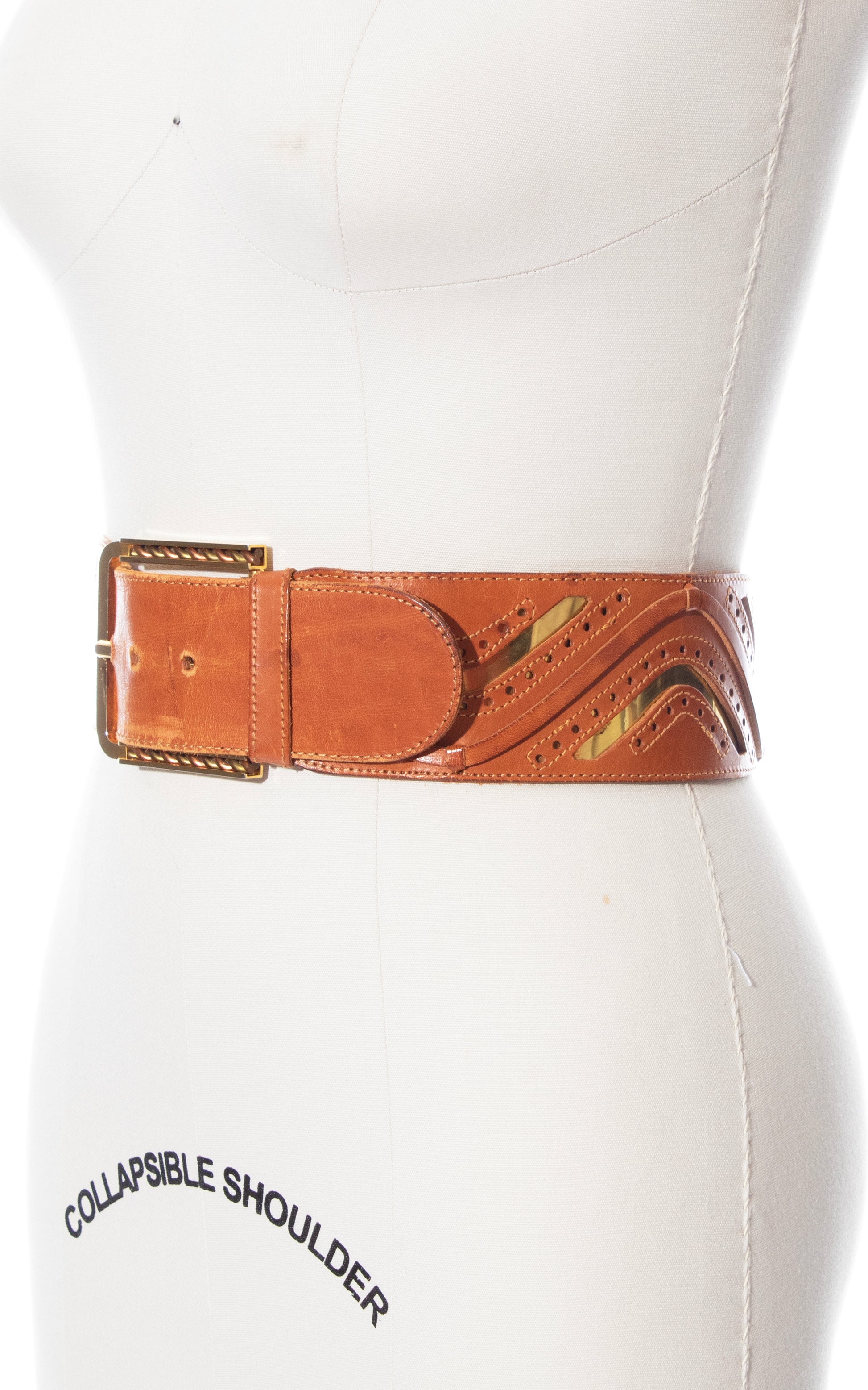 Vintage 70s 1970s Gold Foil & Brown Leather Cinch Belt High Waisted BirthdayLifeVintage