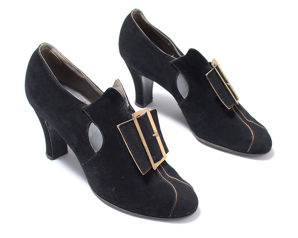 1930s Witchy Buckled Black Nubuck Leather Heels