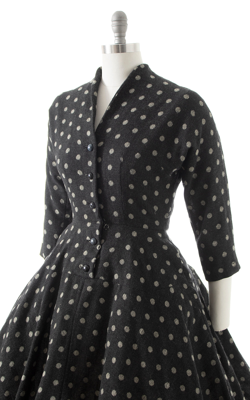 1950s Polka Dot Wool Shirt Dress with Pockets | small/medium