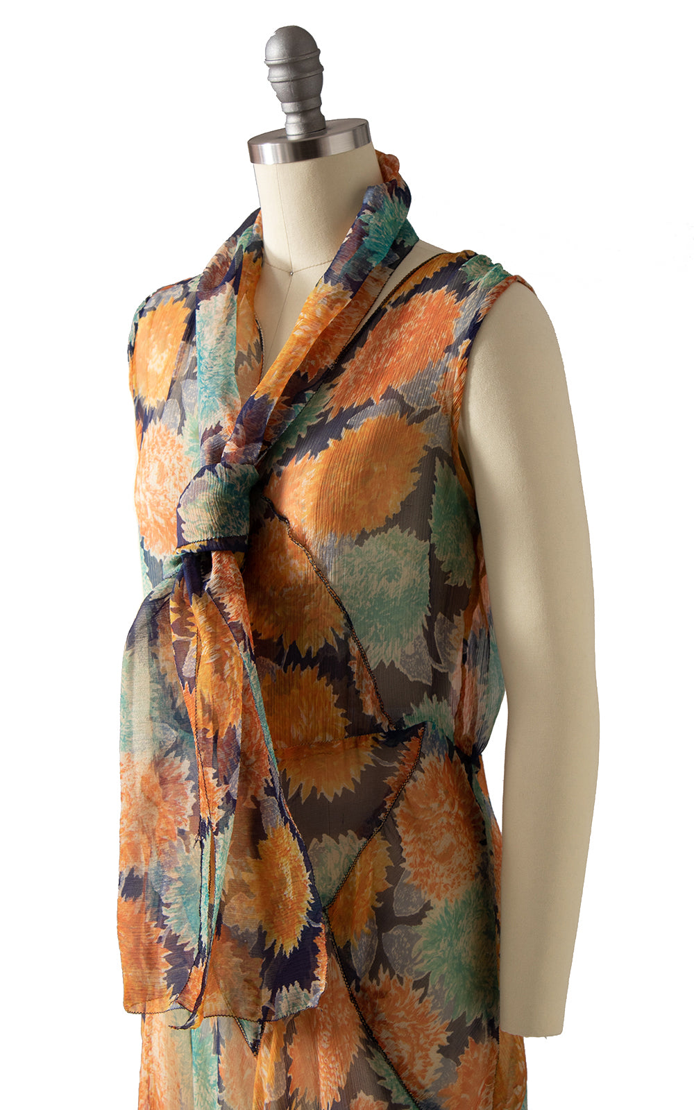 1920s 1930s Floral Silk Chiffon Dress & Scarf Set | x-small/small