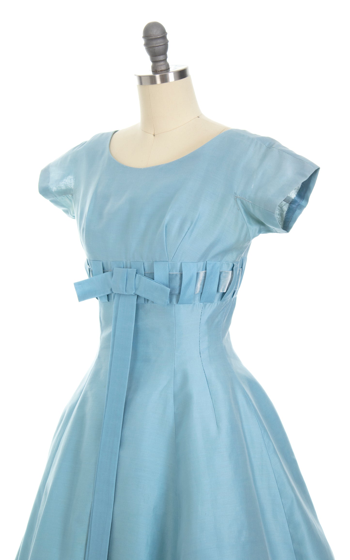 Vintage 1950s 50s Baby Blue Velvet Ribbon Bow Fit and Flare Party Dress Birthday Life Vintage