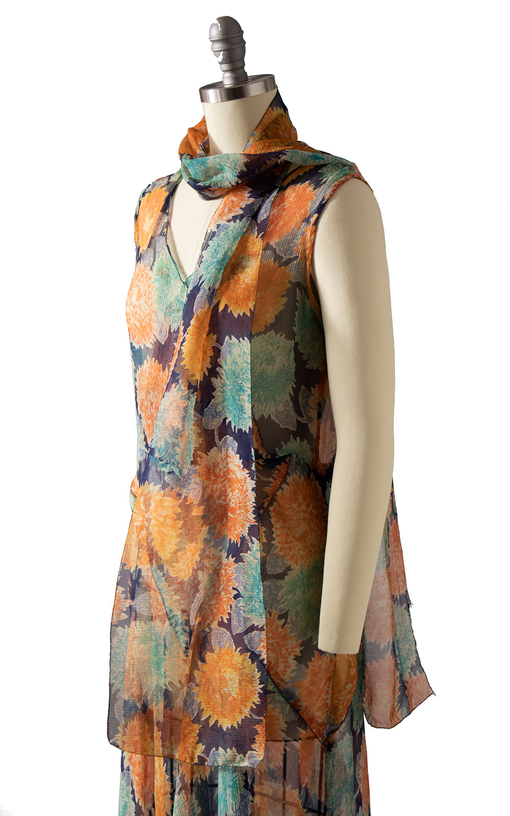 1920s 1930s Floral Silk Chiffon Dress & Scarf Set | x-small/small