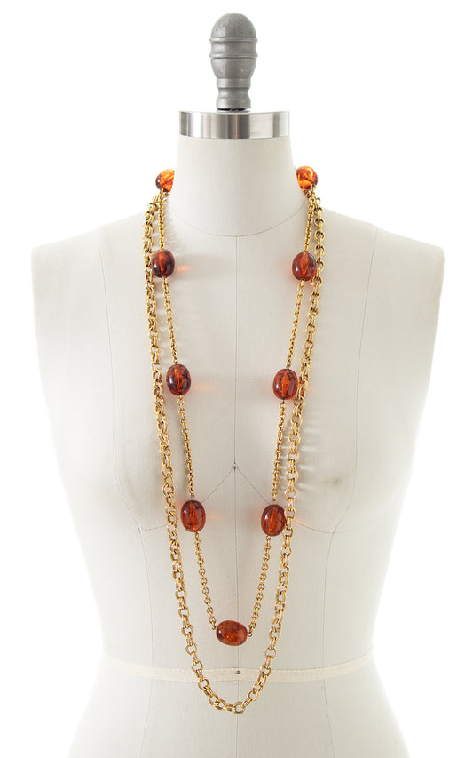 1970s 1980s Double Strand Gold Tone & Faux Amber Necklace