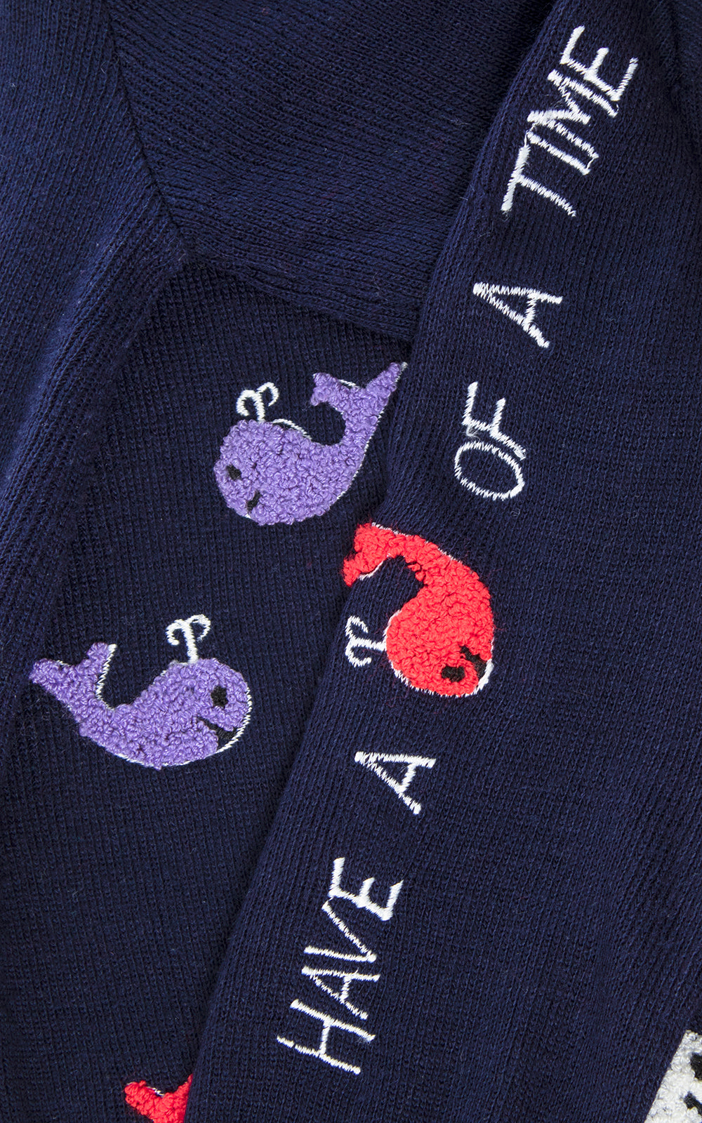 Vintage 1970s "Have a Whale of a Time" Novelty Knit Navy Blue Sweater small medium Birthday Life Vintage