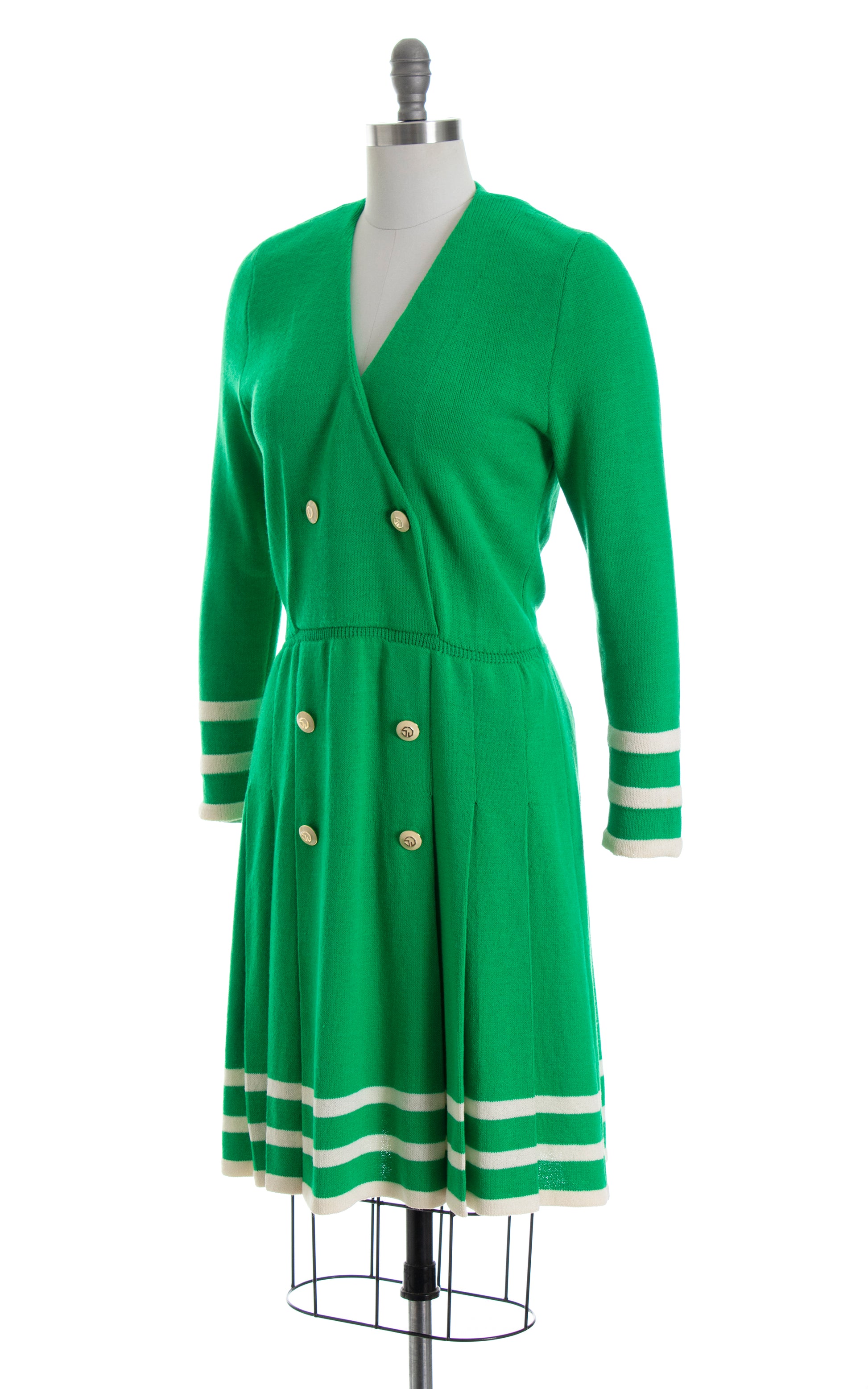 Vintage 1980s 80s ST. JOHN Kelly Green Knit Wool Pleated Skirt Sweater Dress Birthday Life Vintage