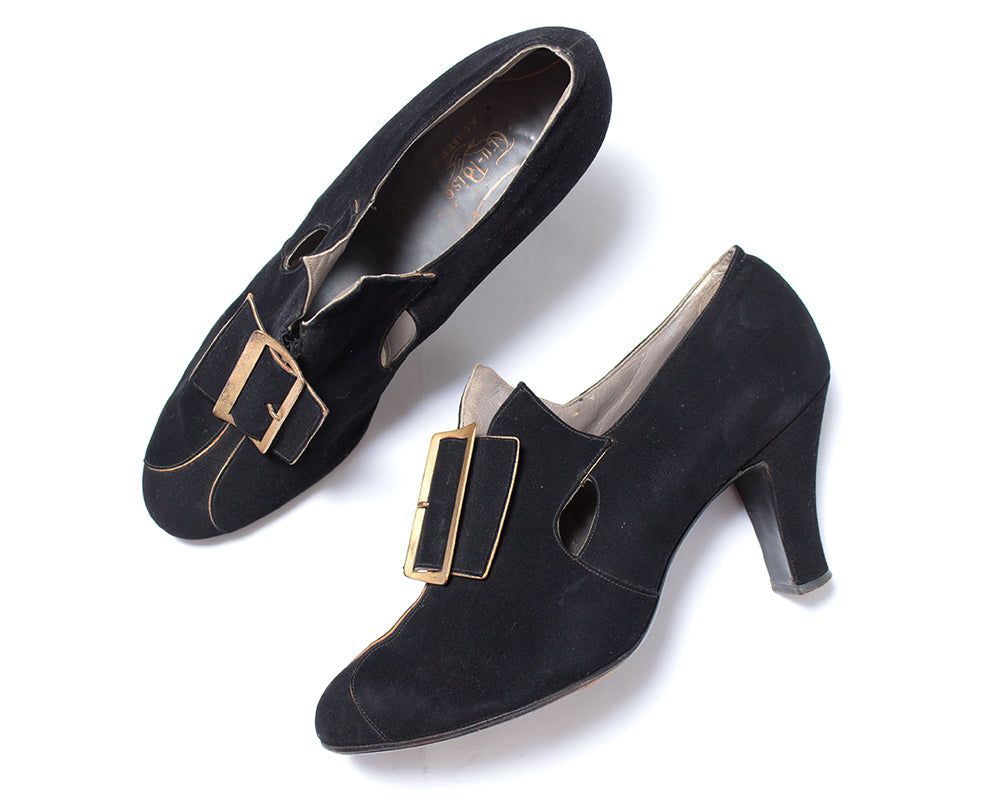 1930s Witchy Buckled Black Nubuck Leather Heels