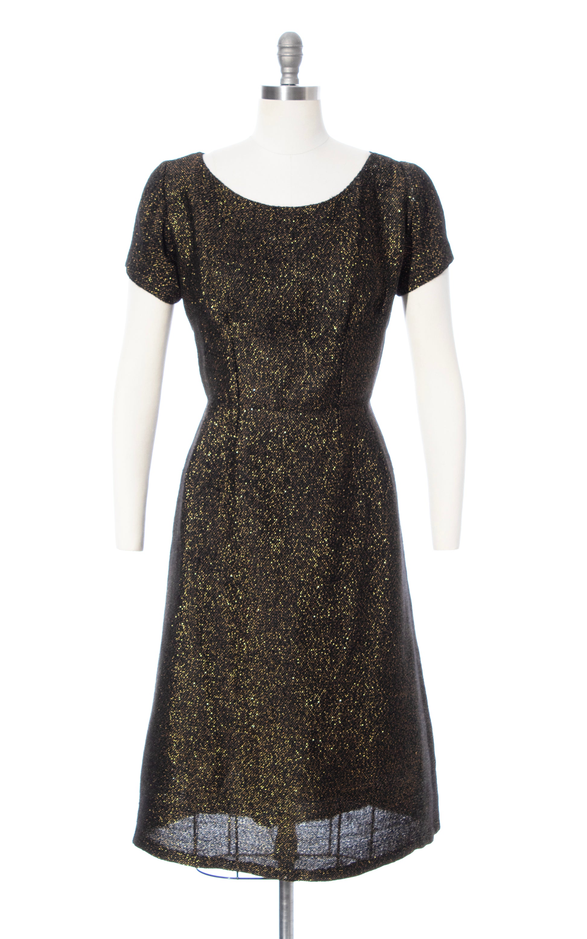 Vintage 50s 1960s Metallic Gold & Black Woven Wiggle Party Sheath Dress BirthdayLifeVintage