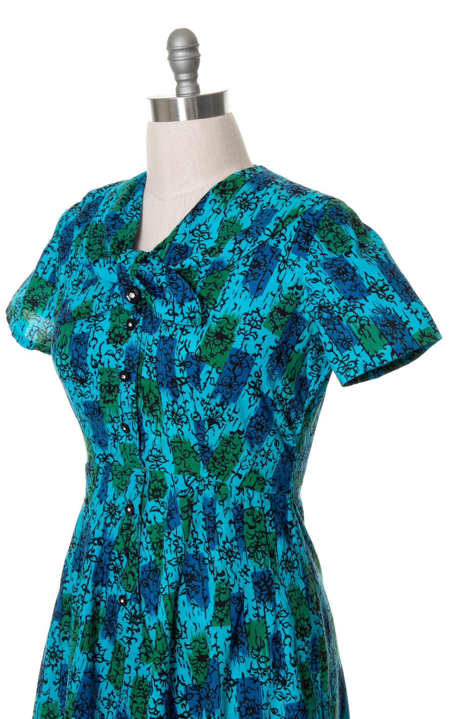 Vintage 60s 1960s Floral Rectangles Cotton Shirtwaist Day Dress Blue Green BirthdayLifeVintage