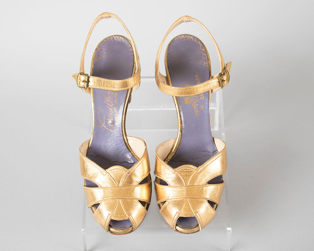 1930s 1940s Metallic Gold Cage Peep Toe Heels | size 5