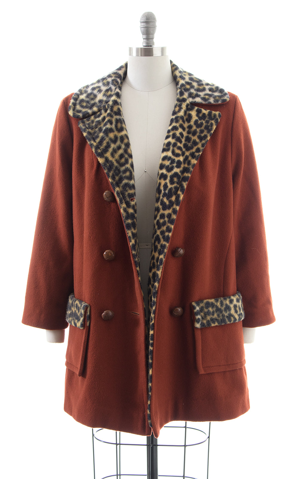 1960s 1970s Leopard Print Lined Burnt Rust Wool Pea Coat