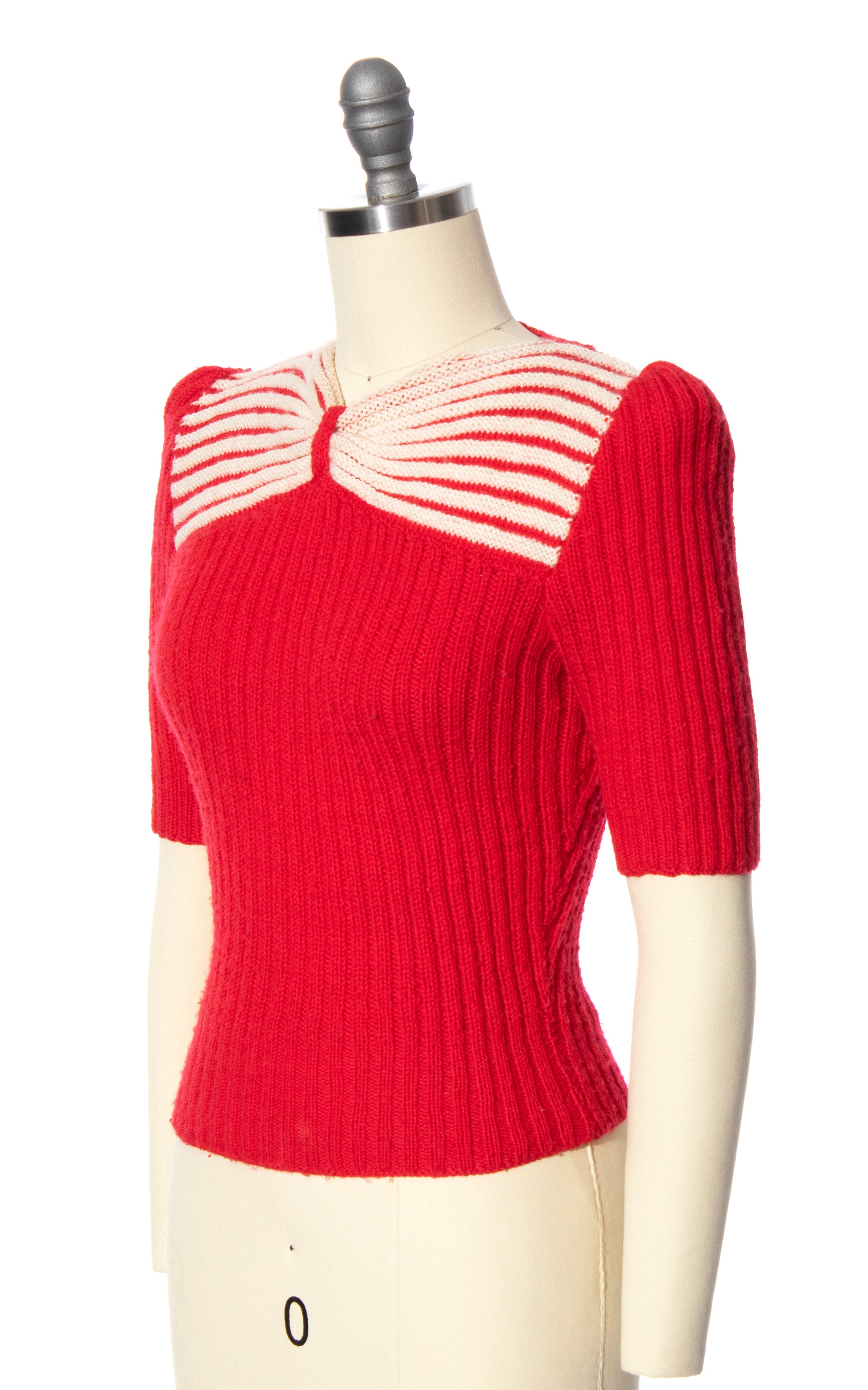 Vintage Style 1940s 40s Repro Reproduction Knit Sweater Top Bow Red Striped BirthdayLifeVintage