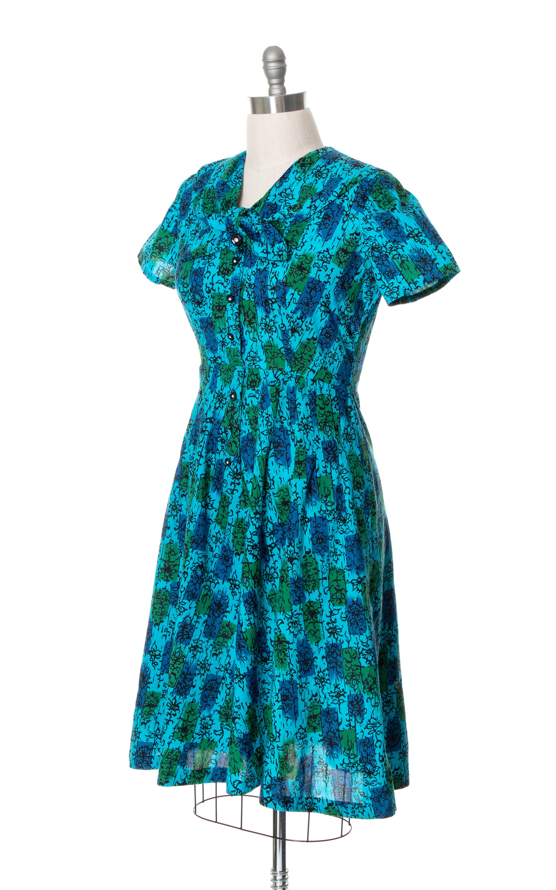 Vintage 60s 1960s Floral Rectangles Cotton Shirtwaist Day Dress Blue Green BirthdayLifeVintage