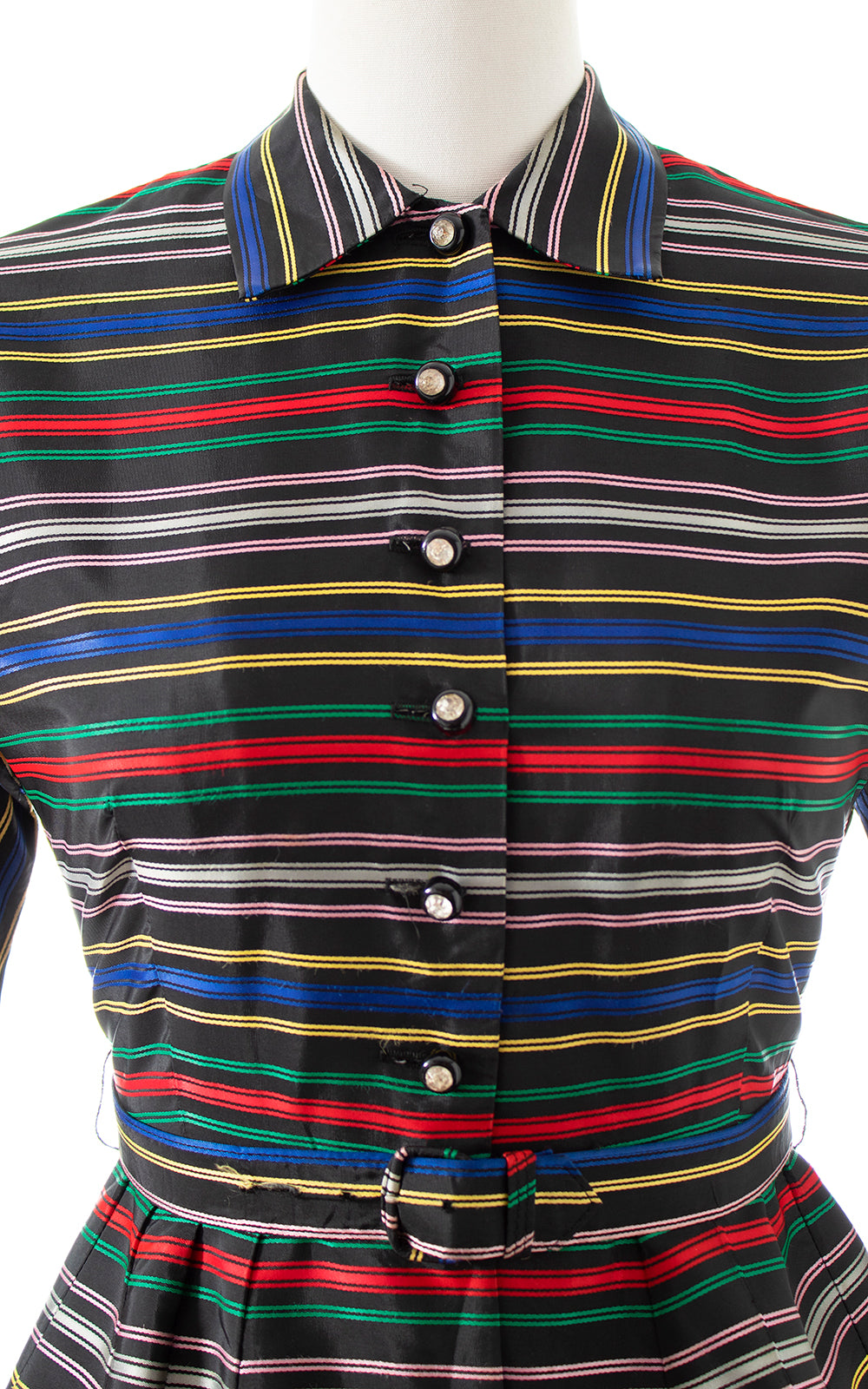 BLV x DEANNA || 1950s Rainbow Striped Satin Shirtwaist Dress | small