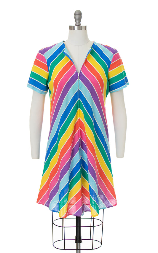 Vintage 1970s 1980s Rainbow Chevron Striped Zip-Up Dress by Birthday Life Vintage