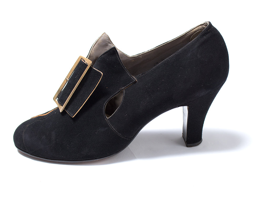 1930s Witchy Buckled Black Nubuck Leather Heels