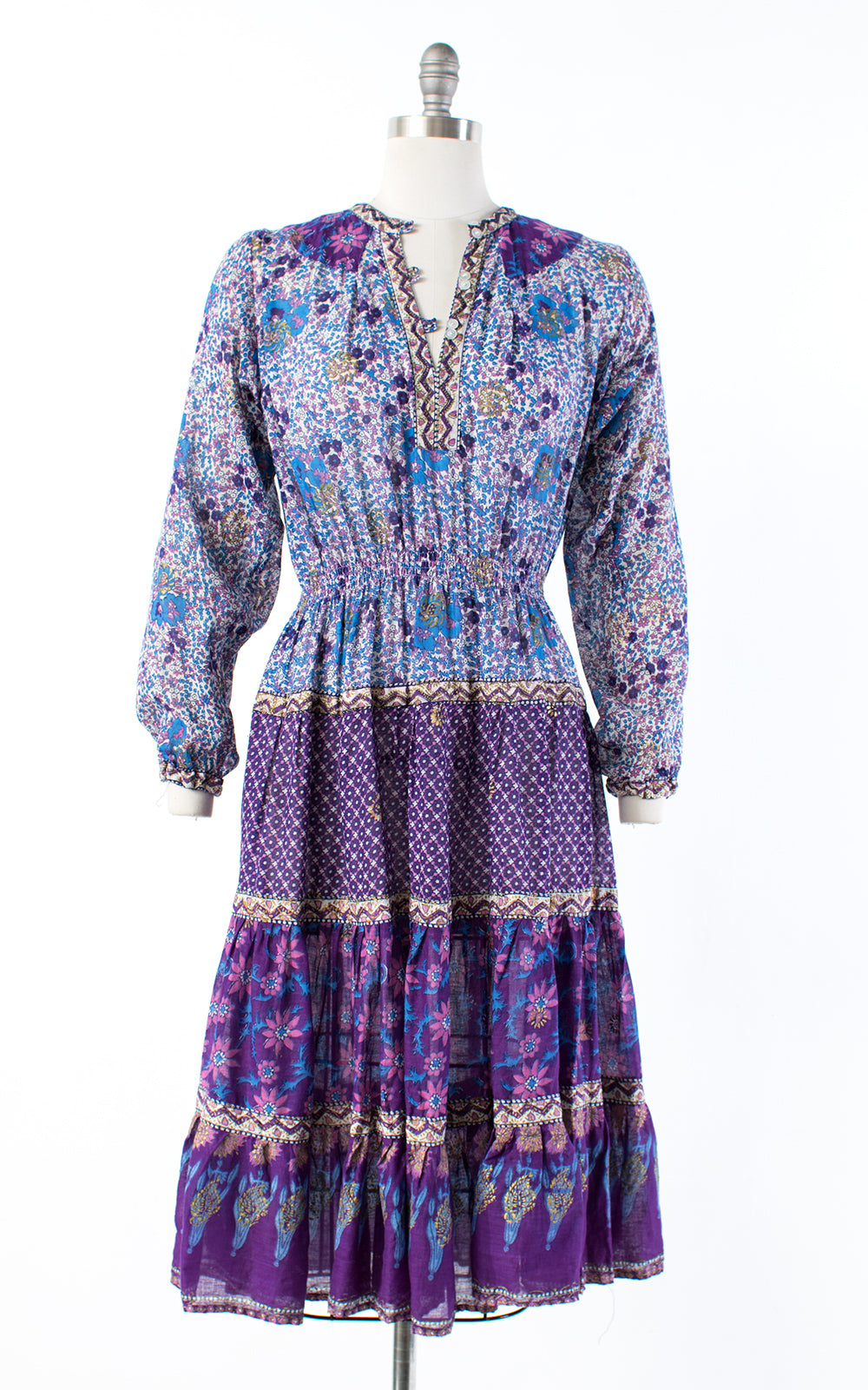 1970s Indian Cotton Gauze Purple Floral Midi Dress | small