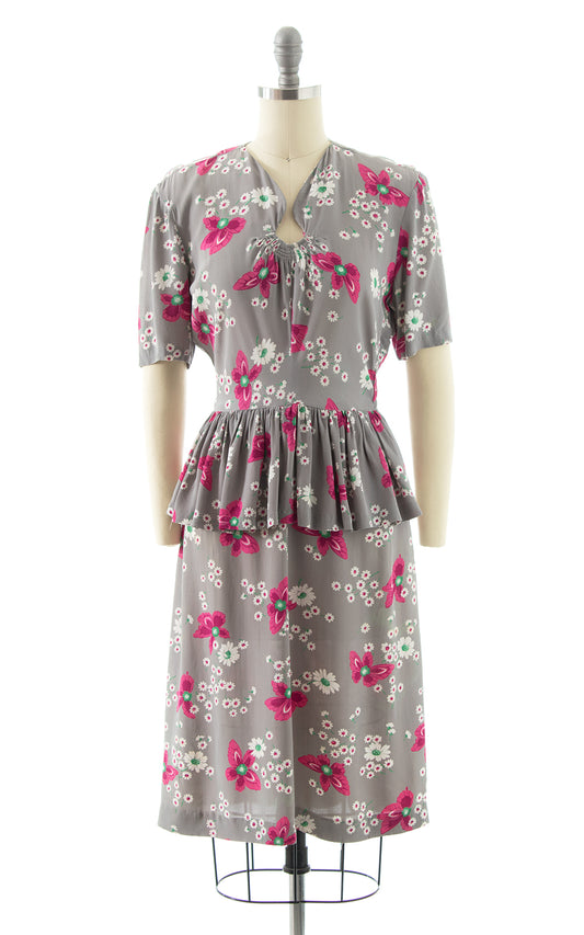 1930s Floral Rayon Crepe Peplum Dress BirthdayLifeVintage