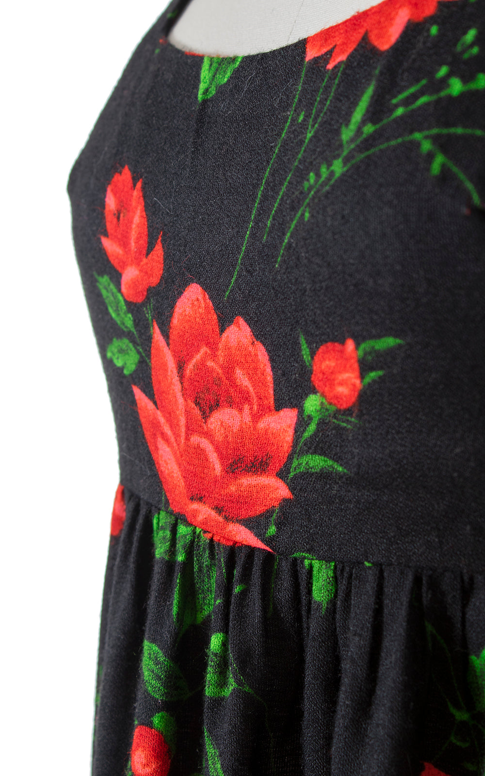Vintage 1970s 70s Rose Print Floral Printed Black Red Halter Tiered Maxi Dress Birthday Life Vintage