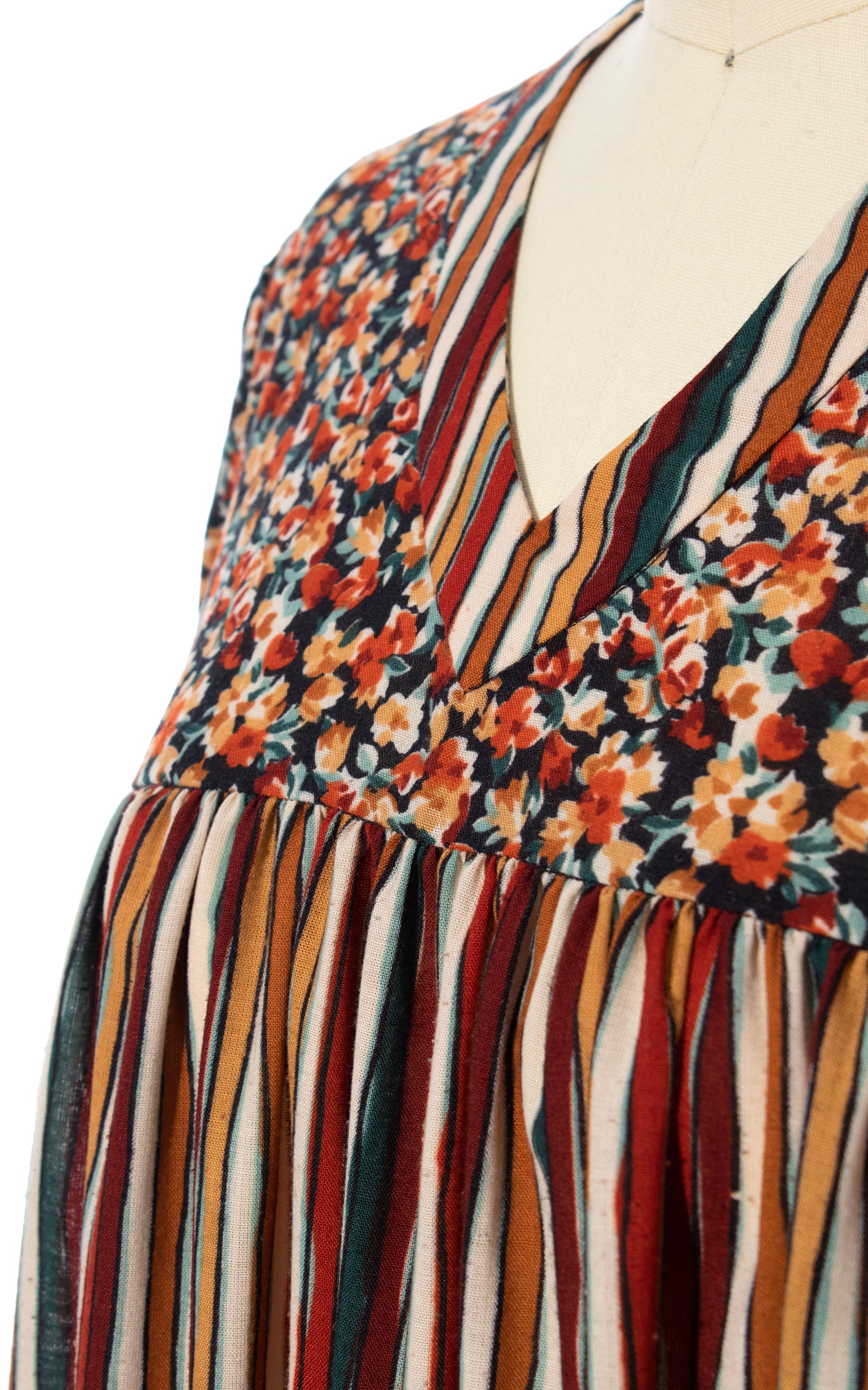 Vintage 70s 1970s Print Blocked Trapeze Boho Floral Striped Dress BirthdayLifeVintage