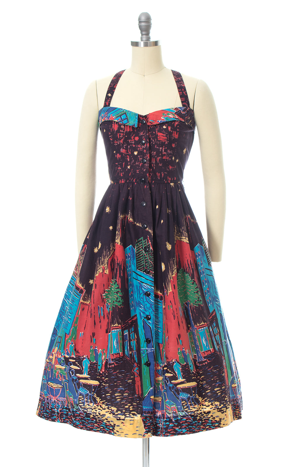 1970s Foxy Lady Van Gogh Inspired Novelty Border Print Sundress