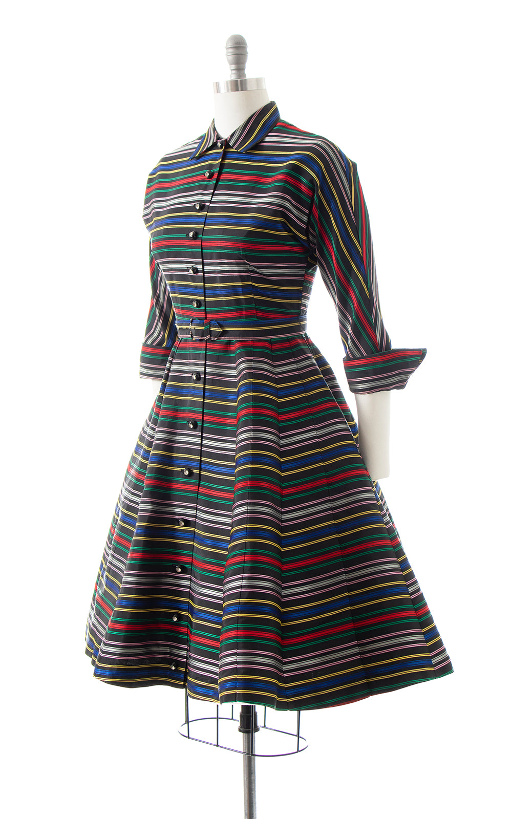 BLV x DEANNA || 1950s Rainbow Striped Satin Shirtwaist Dress | small